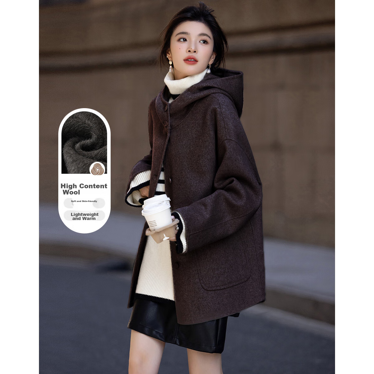 Dme [Stylish Top Student] Winter Light Retro Urban Hooded Merino Wool Double-Faced Velvet Elegant Concealing Women's Coat