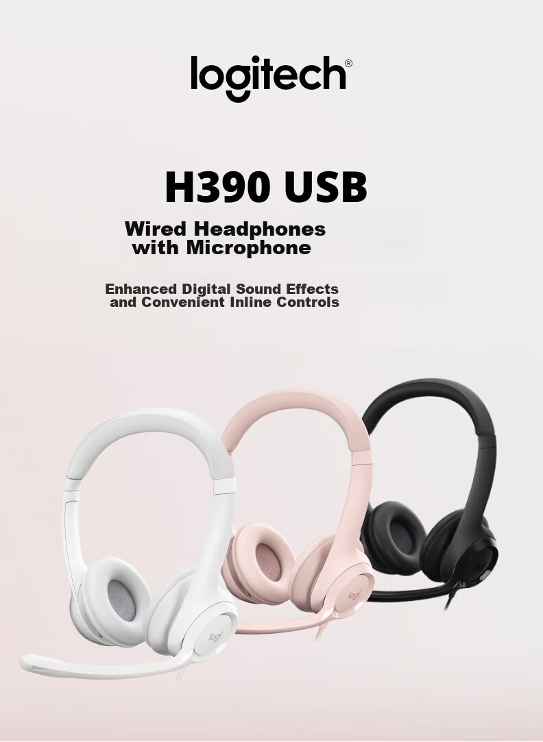 Logitech H390 [Enterprise-Grade] Wired Headset with Microphone, USB Headphones, Over-Ear Stereo Noise-Cancelling Headset for Laptop Office Use, Zhu Yu Pink, Upgraded Versio 1
