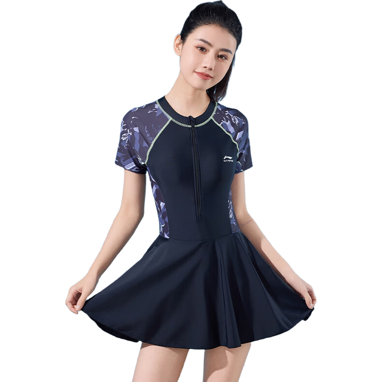 Li-Ning One-Piece Swimsuit Dress for Women, High-Waisted Square Leg Bodycon Swimwear, Elastic Breathable Hot Spring Resort Swimwear 502 Black Floral XXL