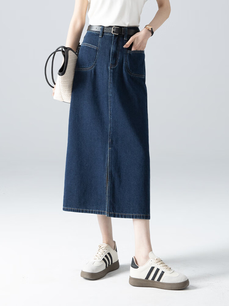 Dme New High-Waisted Retro Straight Loose A-Line Mid-Length Denim Skirt for Women, Dark Blue, Size 29 3