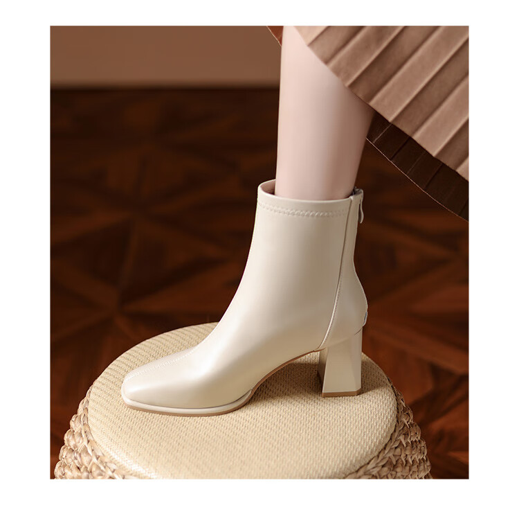 DAPHNE Women's Ankle Boots, Versatile for Spring And Autumn, French-Style High Heels, Nude Boots with Chunky Heel, Slim-Fit Women's Boots, Black, Size 35 9