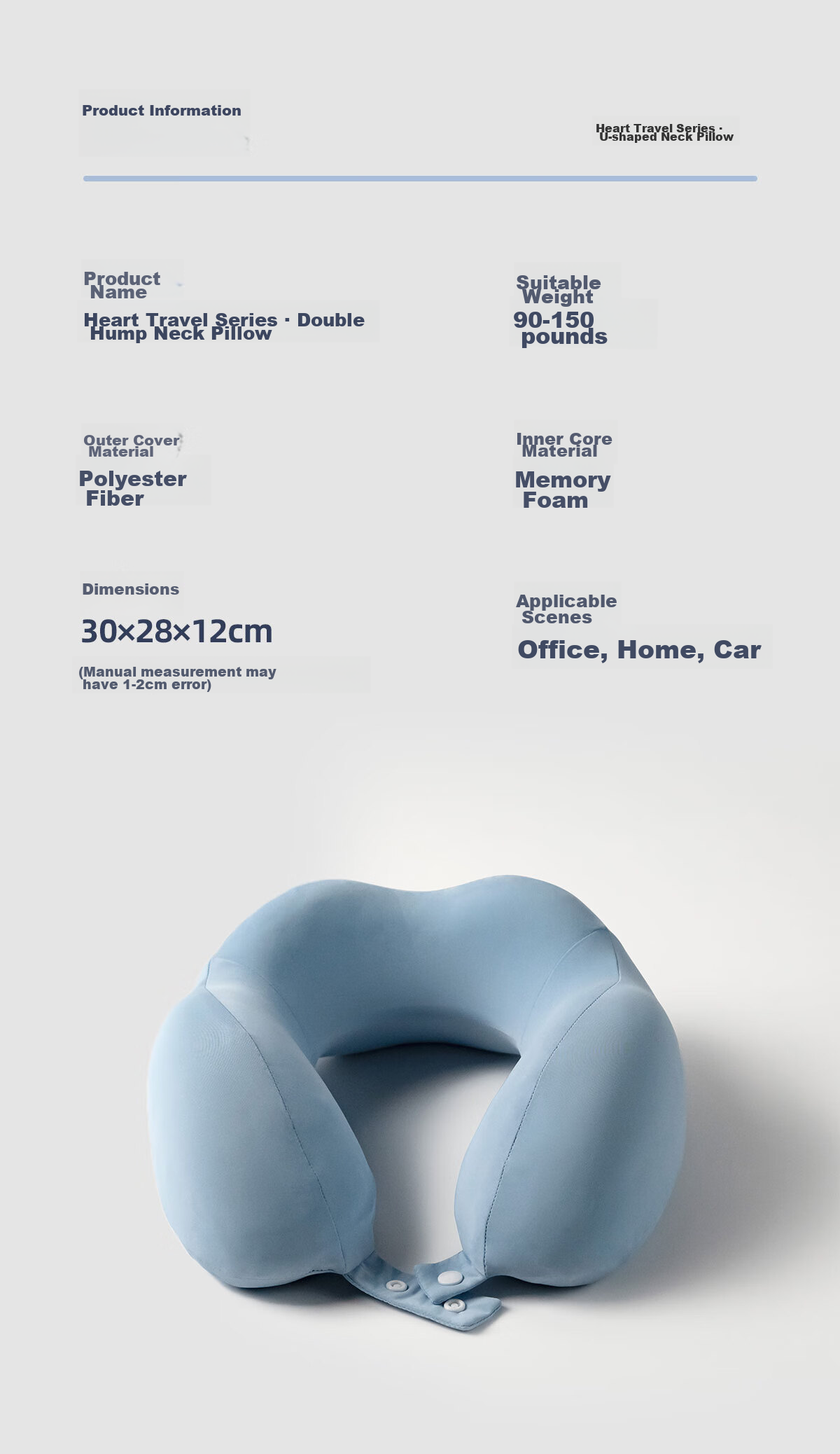 FOOJO Memory Foam U-Shaped Pillow, Portable Neck Support for Travel, Office, Nap, Car And Airplane Use, Sky Blue 8
