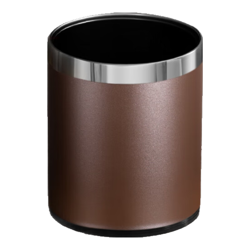 AKBK Trash Can, 10L, Coffee Color, Double-Layer Leather, Round, Large Size, with Pressed Ring, for Hotel, Home Use, Living Room, Kitchen, Bathroom, Commercial Use
