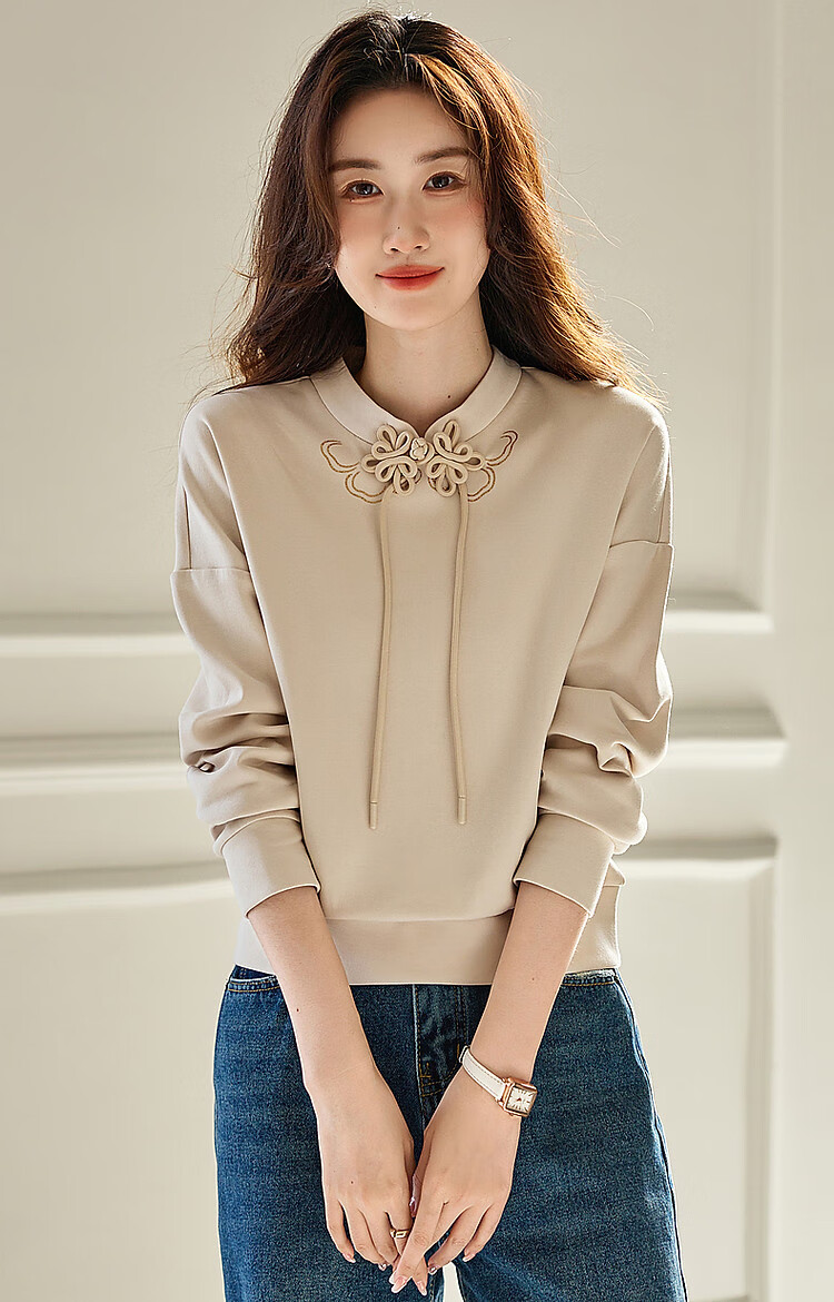 Dme [National Style New Chinese] Spring And Autumn Retro Stand Collar Exquisite Iron-On Disc Button Comfortable Air Layer Sweatshirt Women's Top 16