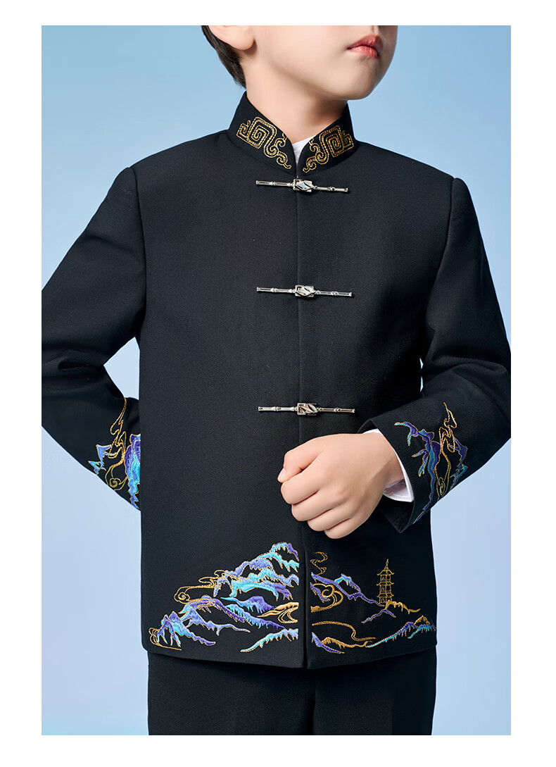 Romon Boys' Zhongshan Suit Set Traditional Chinese Style New Chinese Style Children's Host Performance Suit Black 170 12