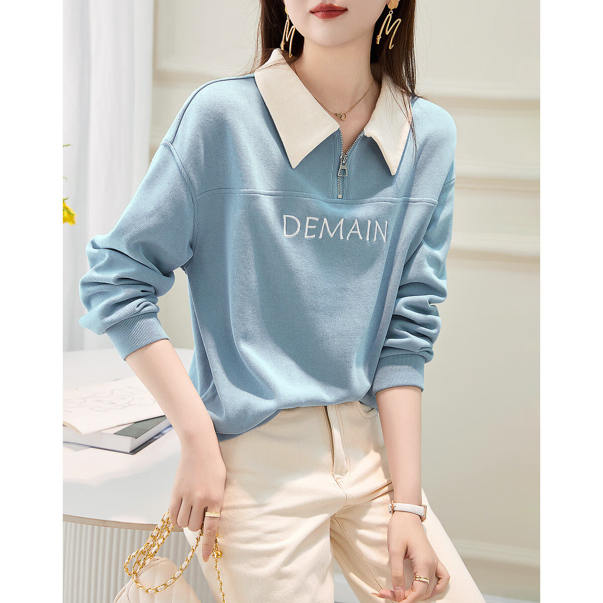 Dme [Elegant Letter Embroidery Sweatshirt] Spring And Autumn Commuter Style, Turn-Down Collar Long Sleeve Patchwork Women's Sweatshirt, Light Blue, XL