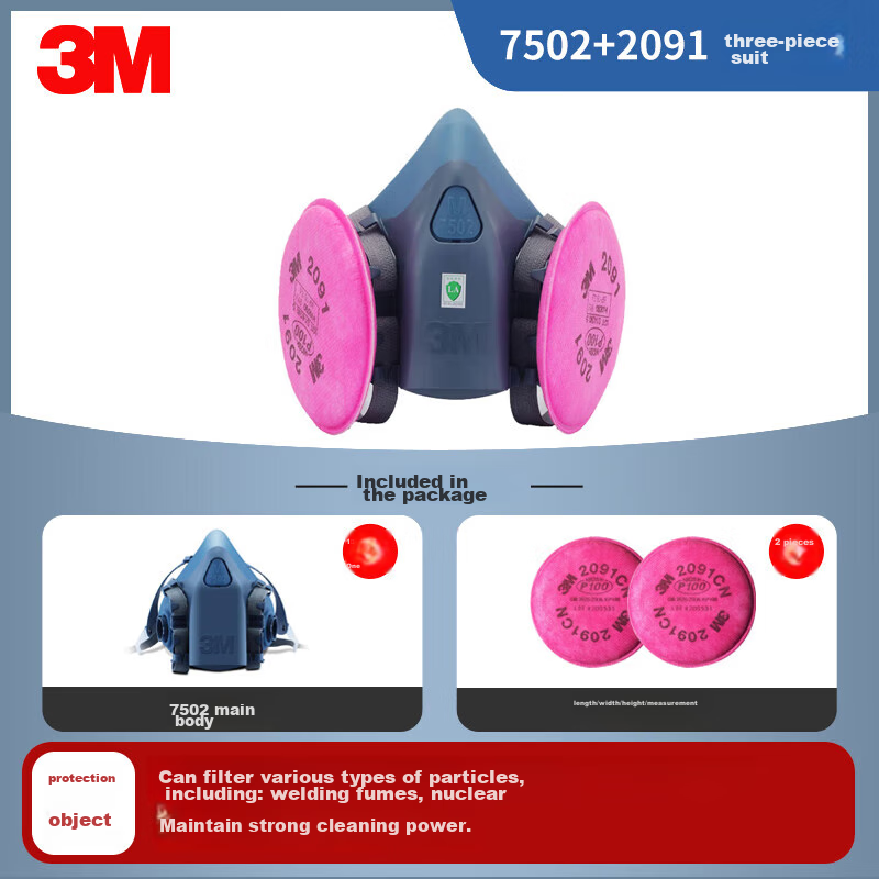 3M 7502 Silicone Dust Mask Respirator, Protects Against Industrial Dust, Particulates, Welding Fumes, Fiberglass, with 2091CN 3-Piece Set Firefighting Mask