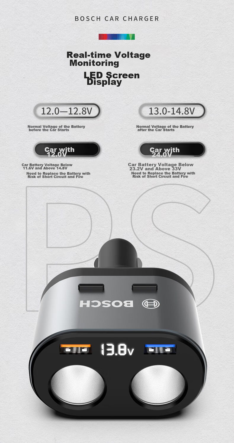 BOSCH PS700 Car Charger, Multi-Functional Car Cigarette Lighter Adapter, USB Car Charger with Fast Charging Functio 5