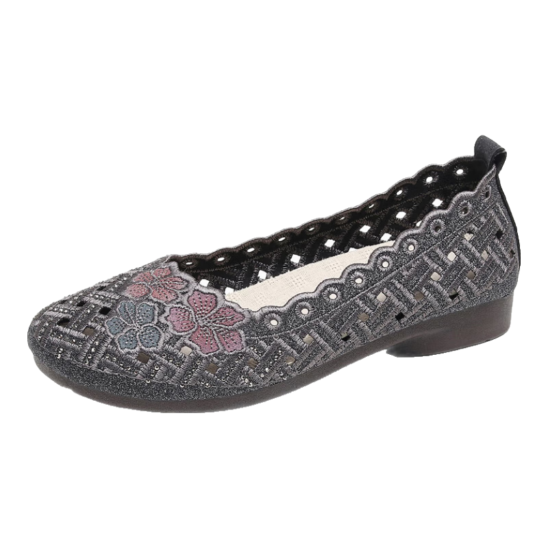 Anglerfish Summer Old Beijing Cloth Shoes Women Mesh Breathable Embroidered Comfortable Mom Shoes 66675 Gray Size 37