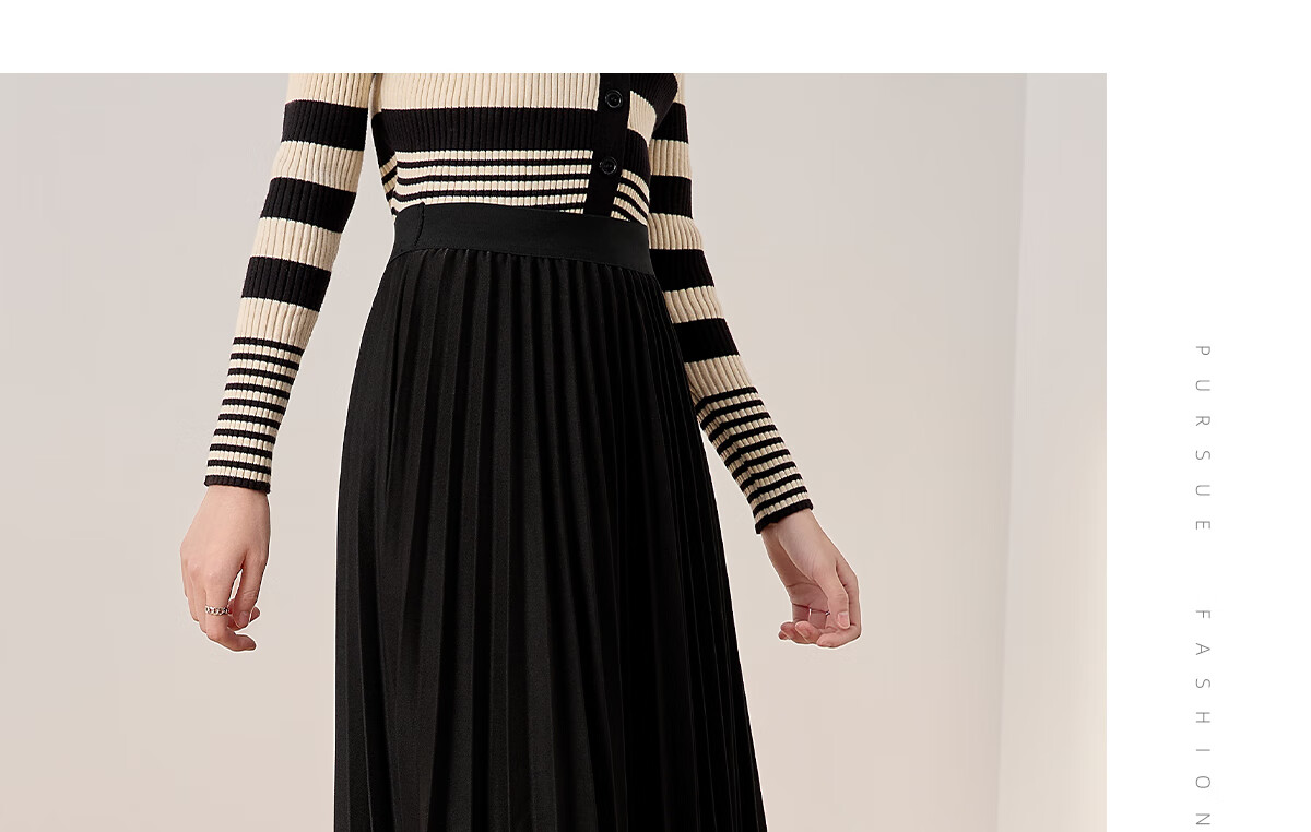 Chushen Spring And Autumn High-Waisted A-Line Midi Skirt for Women, Fashionable Versatile Pleated Skirt S13KB2098 Black 18