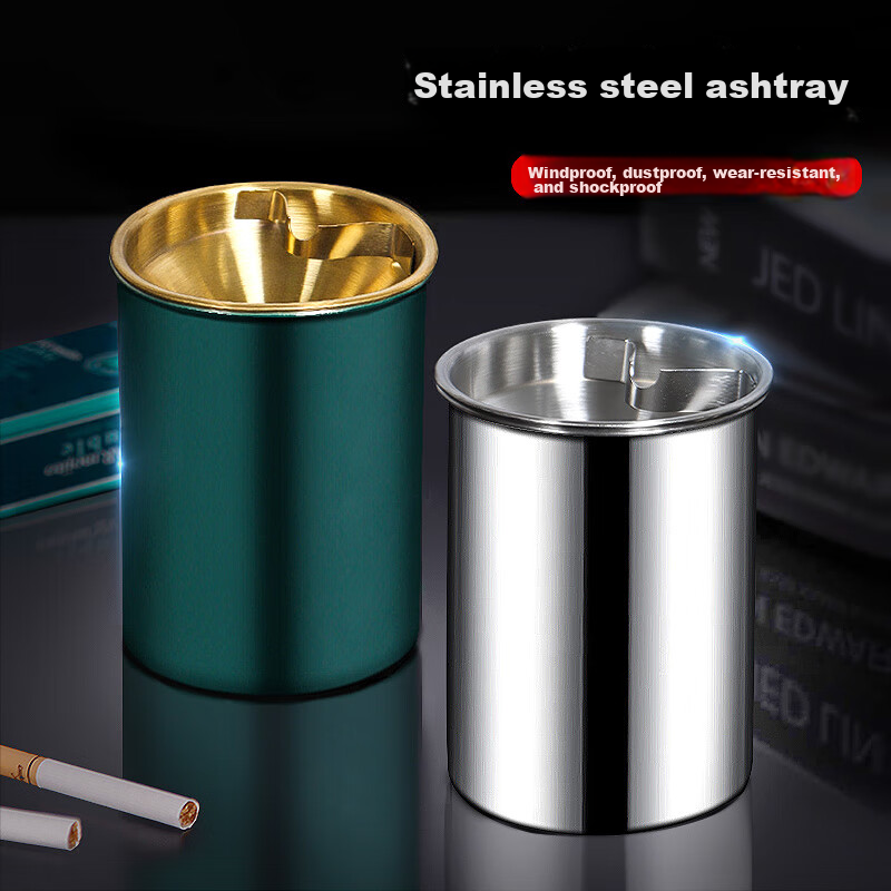 Jidukongjian Thickened Windproof And Ash-Proof Stainless Steel Ashtray, Home Office Desk Decoration, Dark Gree