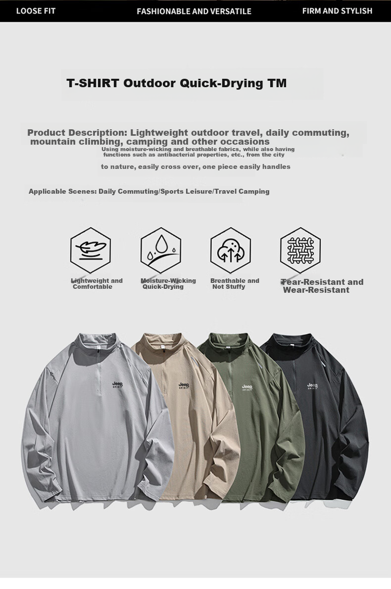 JEEP SPIRIT Men's Long Sleeve T-Shirt Spring Casual Sports Base Layer Outdoor Quick-Dry Top Cloud Gray XL 2