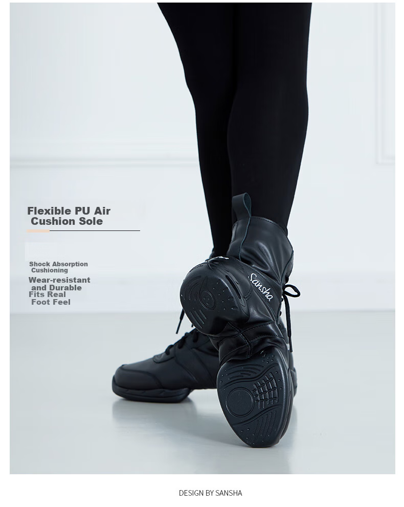 Sansha Imported Leather Dance Sneakers with Soft Soles, High Tops for Square Dancing, Jazz Dancing, Modern Dance P99 Black Size 35 2