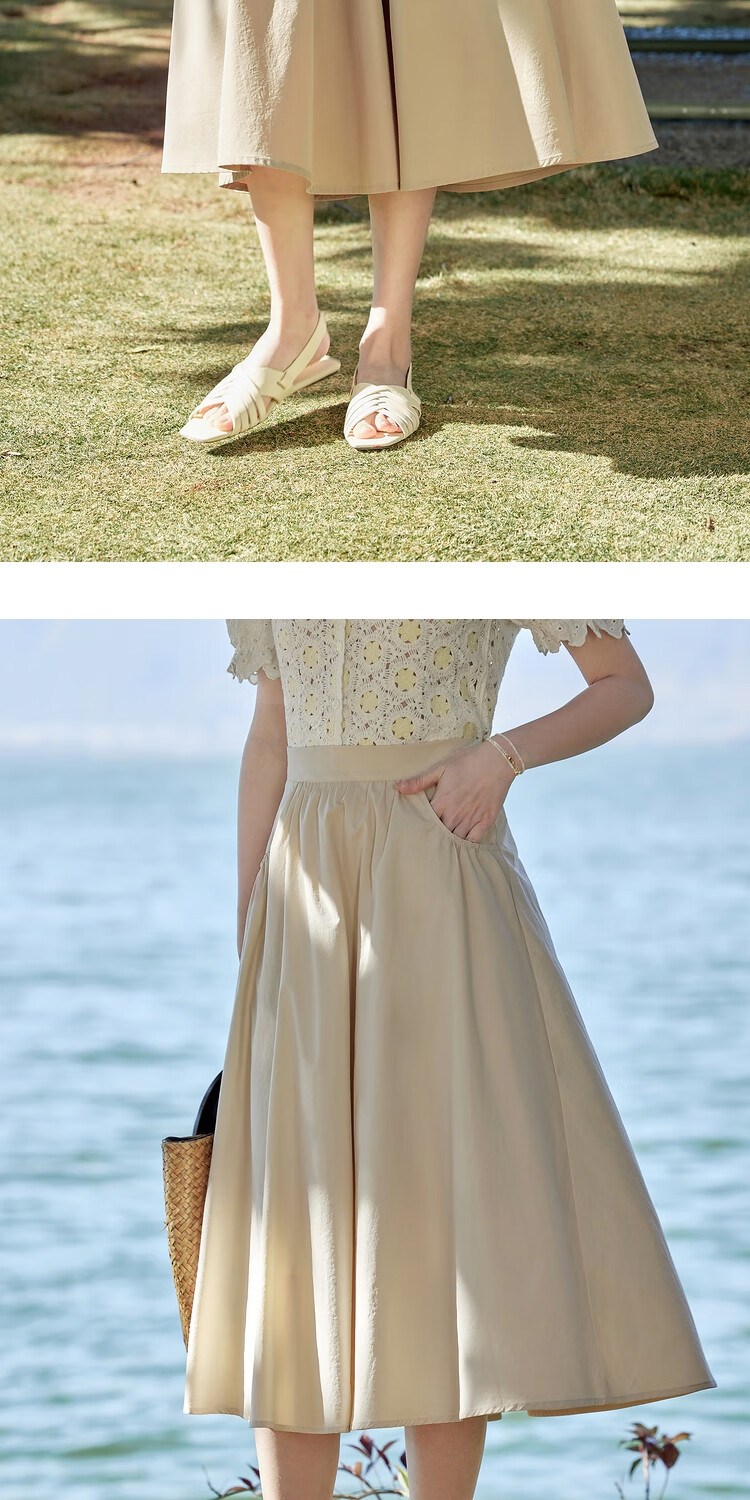 INMAN Summer Casual High-Waisted A-Line Skirt for Women, Elastic Waist, Loose Fit, Slimming, Mid-Length Skirt, Dark Khaki, Size S 11