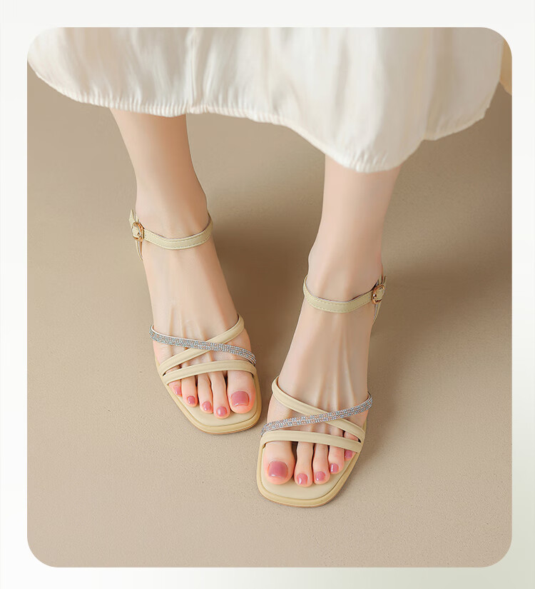 ZHR Chunky Heel Sandals for Women, Summer Elegant Rhinestone Single-Strap Women's Shoes, Versatile Square-Toe Women's Footwear, JF15, Beige, Size 38 16