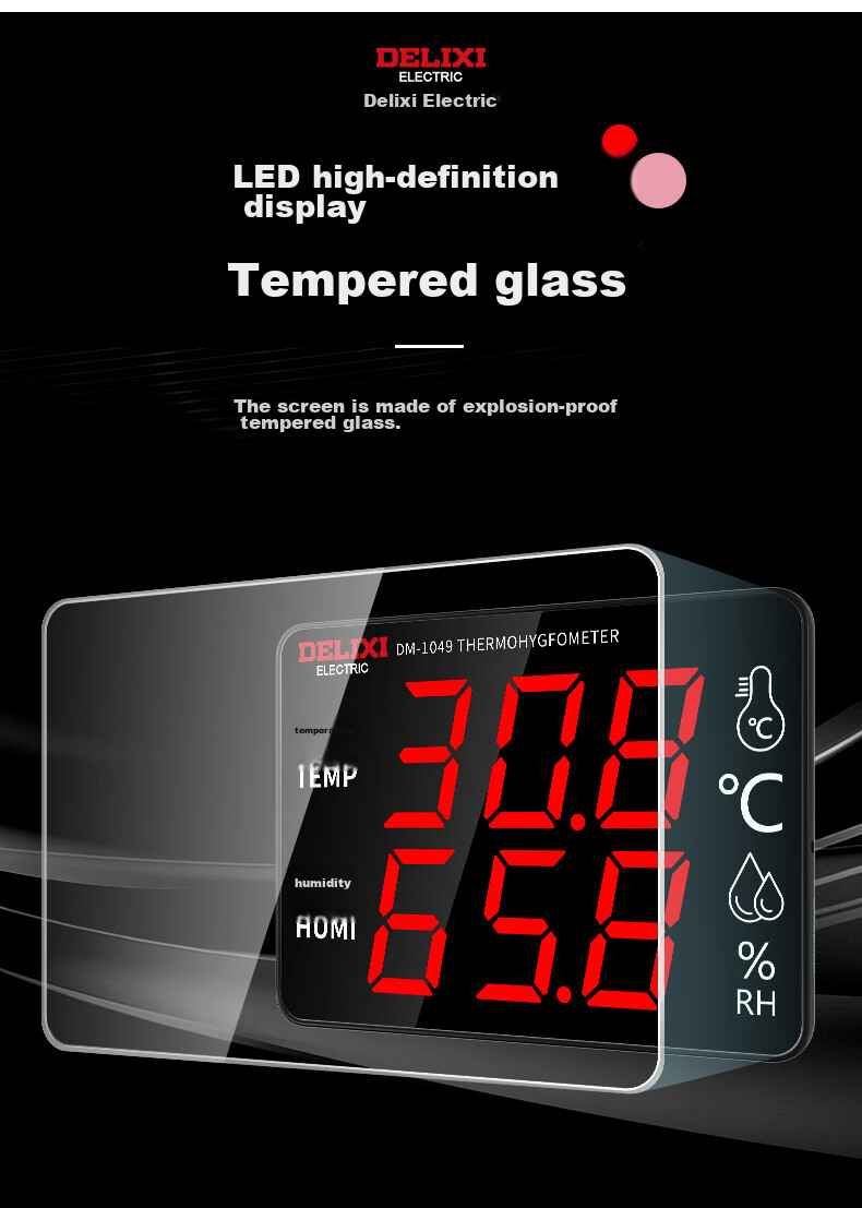 DELIXI ELECTRIC Industrial-Grade Indoor Temperature And Humidity Meter, Large Screen Electronic High-Precision Wall-Mounted Temperature And Humidity Display, Home Alarm 8