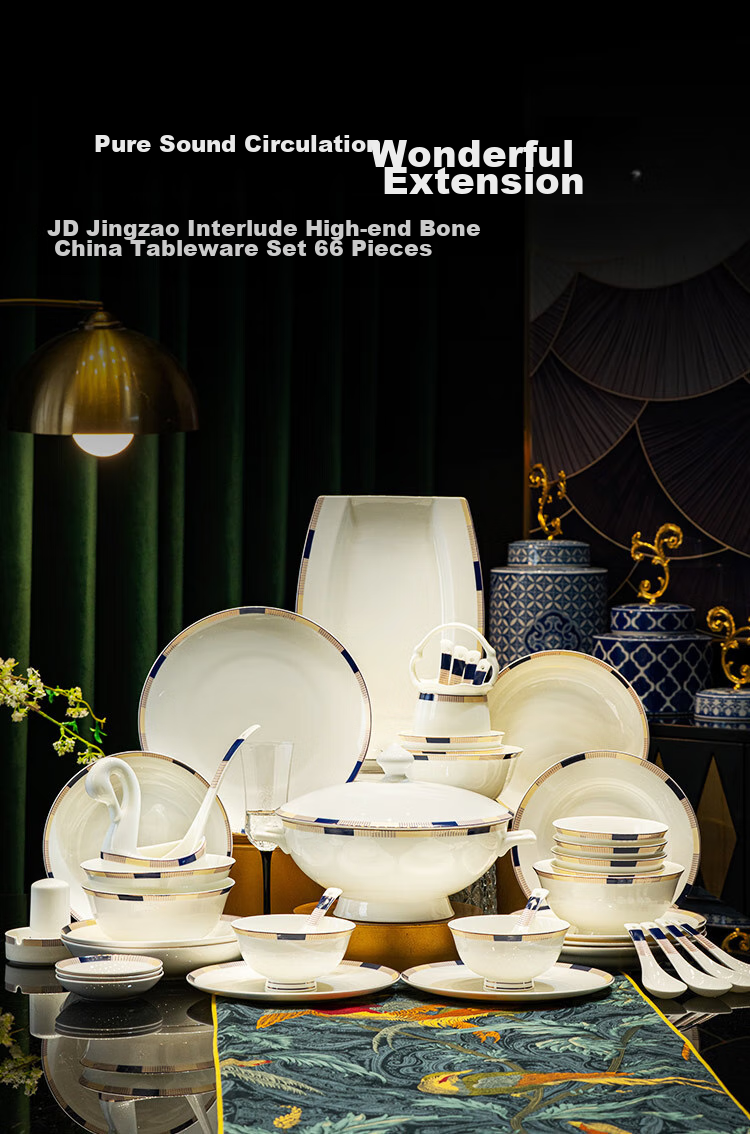 JD Original Bowl And Plate Tableware Set, Bone China Dinnerware Gift Box Set for Housewarming, Interlude 66-Piece Set 1