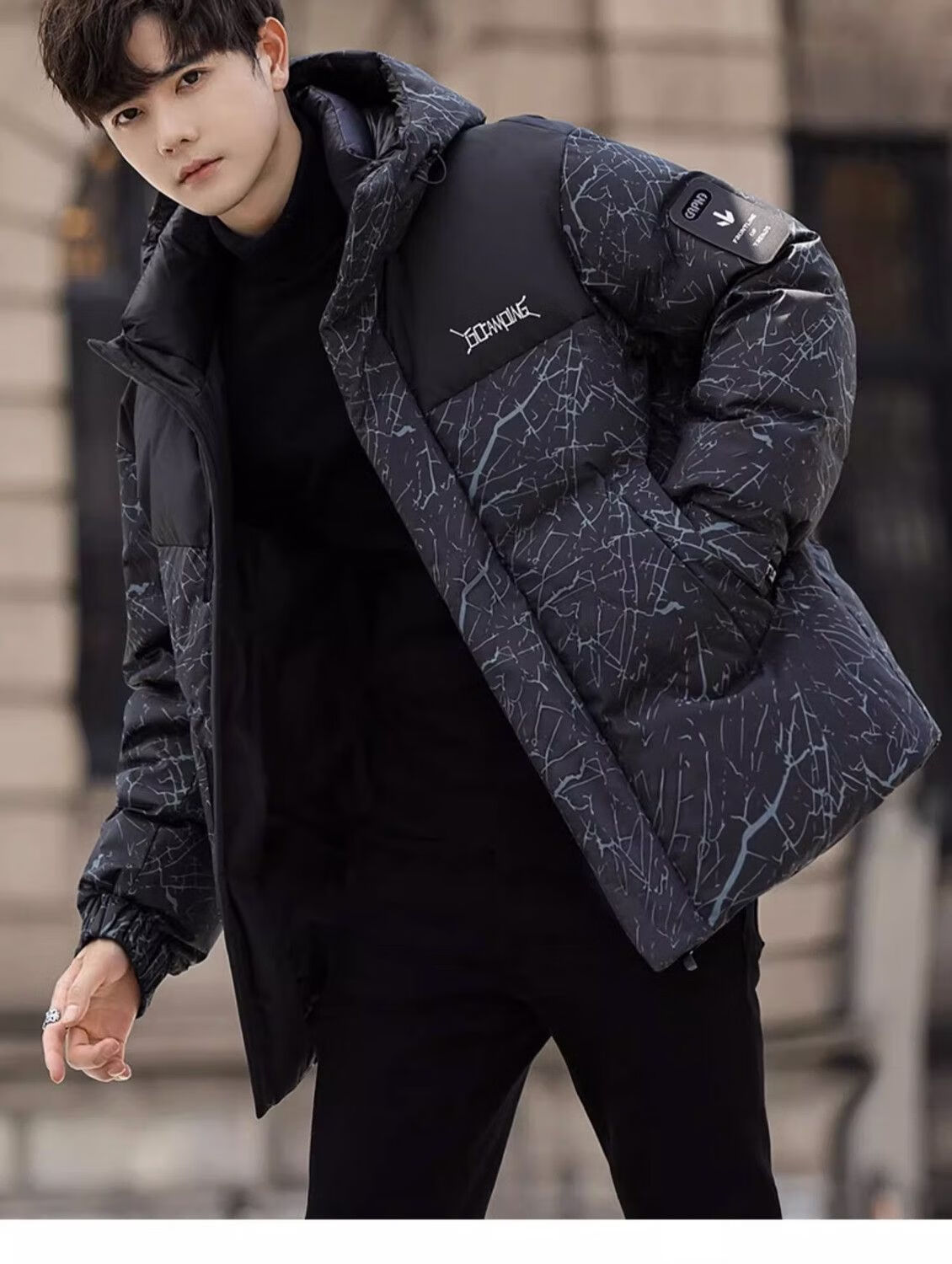 YAYA Wang Yibo Same Style down Jacket, Men's Short Hooded Coat, 2025 Winter New Year Patchwork Color-Block Duck Down Outerwear 14