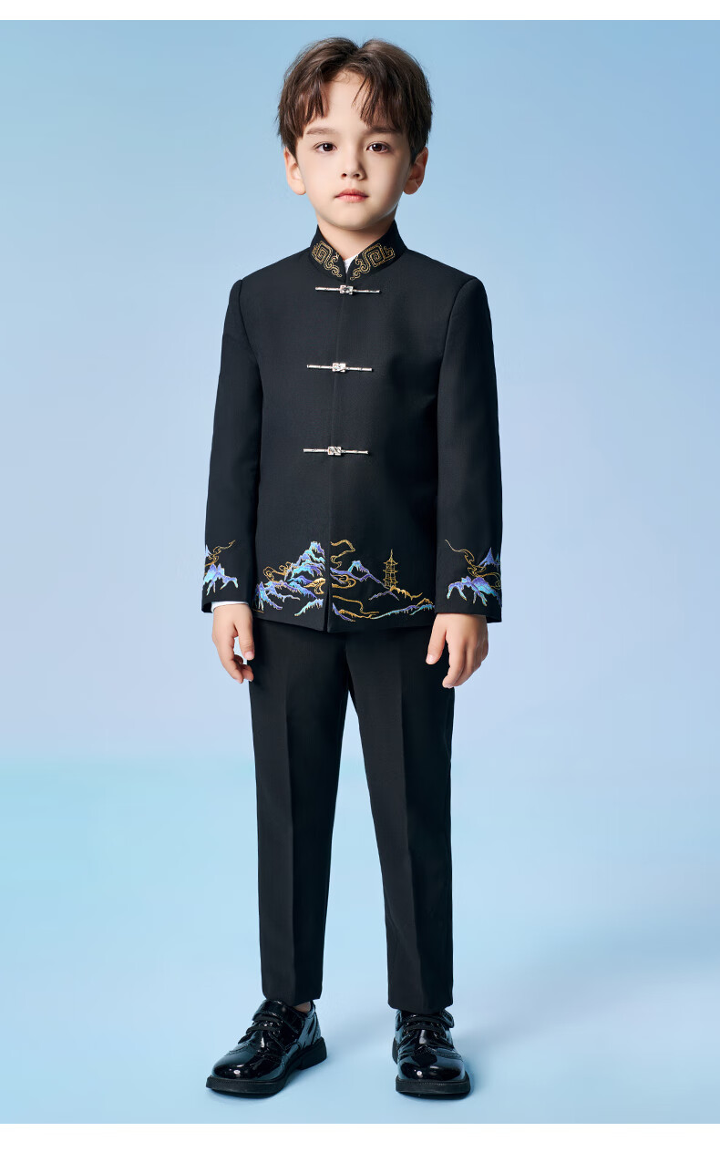 Romon Boys' Zhongshan Suit Set Traditional Chinese Style New Chinese Style Children's Host Performance Suit Black 170 11