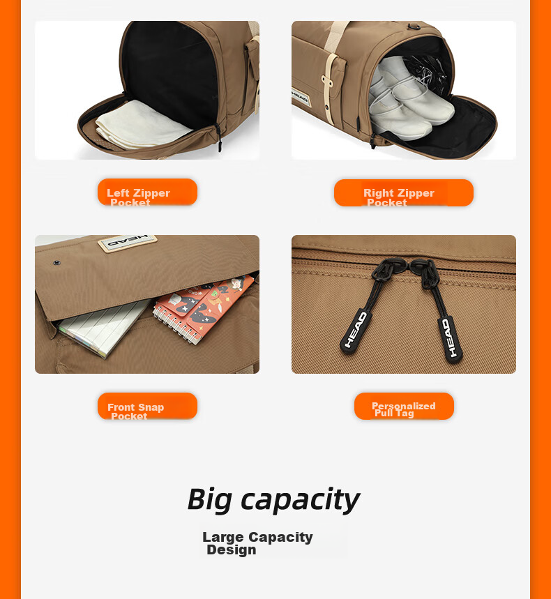 HEAD Travel Bag, Large Capacity Business Short-Trip Luggage Bag, Handheld Water-Resistant Gym Bag for Wome 12