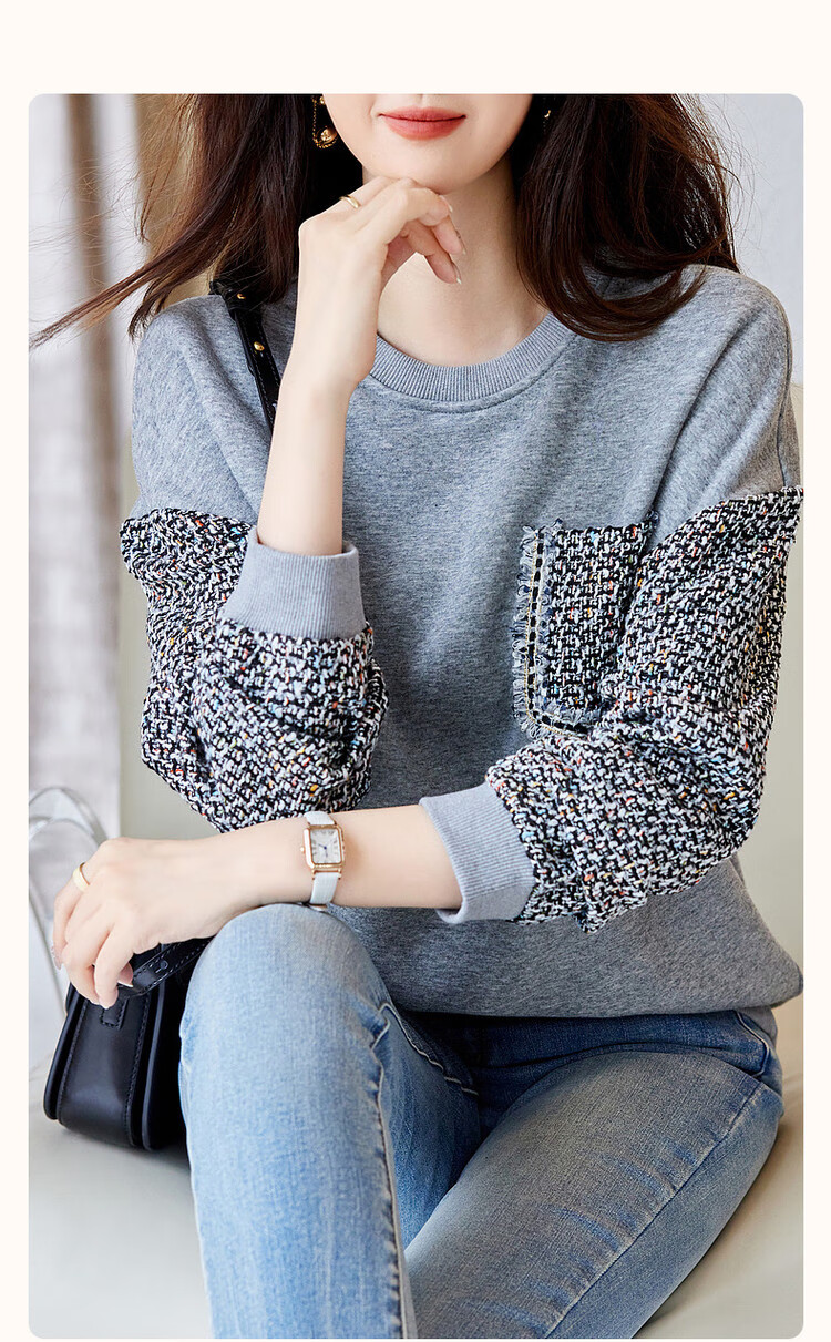 Dme Simple Color-Block Elegant Fleece-Lined Sweatshirt, Autumn And Winter Cotton Round Neck Loose Women's Top, Gray Fleece, XL 2