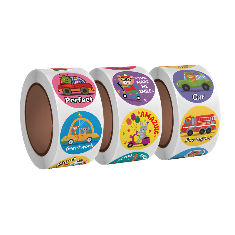 Befon Stickers for Children's Rewards, Elementary School And Kindergarten Decorations, Baby And Kids' Holiday Commendation Stickers, Round Car Design, 3 Rolls of 1500 Stickers, 0616