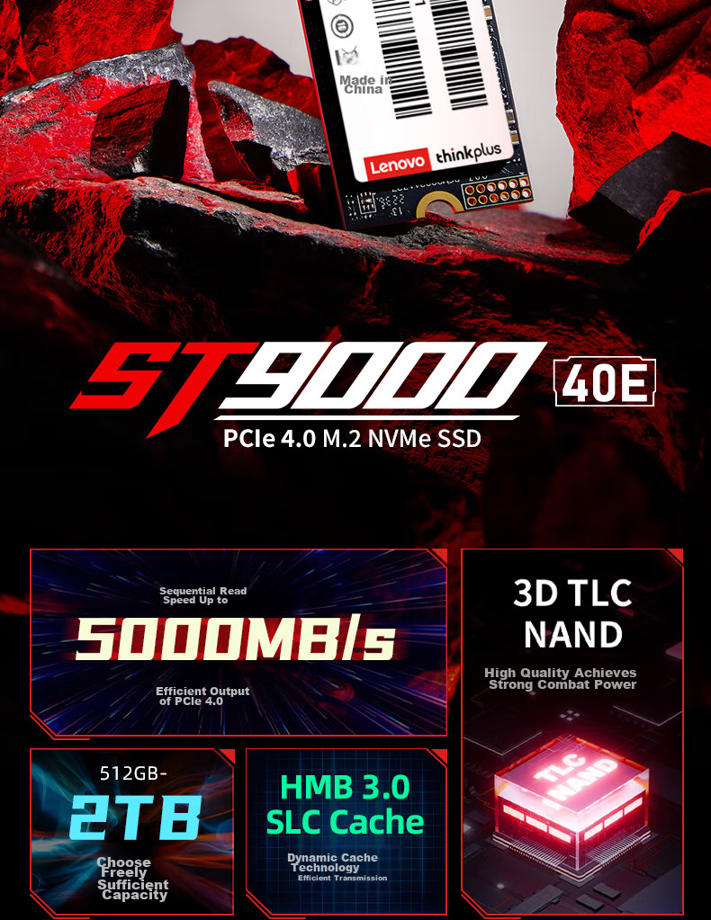 ThinkPlus Lenovo 1TB SSD Solid State Drive M.2 Interface (NVMe Protocol) PCIe 4.0 ST9000 40E Read Speed up to 5000MB/s 3