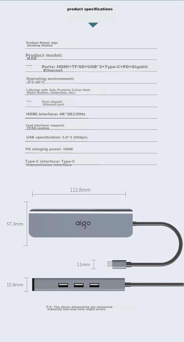 Aigo Type-C Expansion Dock, USB3.0 Hub, Gigabit Ethernet Port, HDMI Adapter, SD/TF Card Reader Converter, USB Expansion Dock, PD100W Fast Charging, K08 (Metal) 16