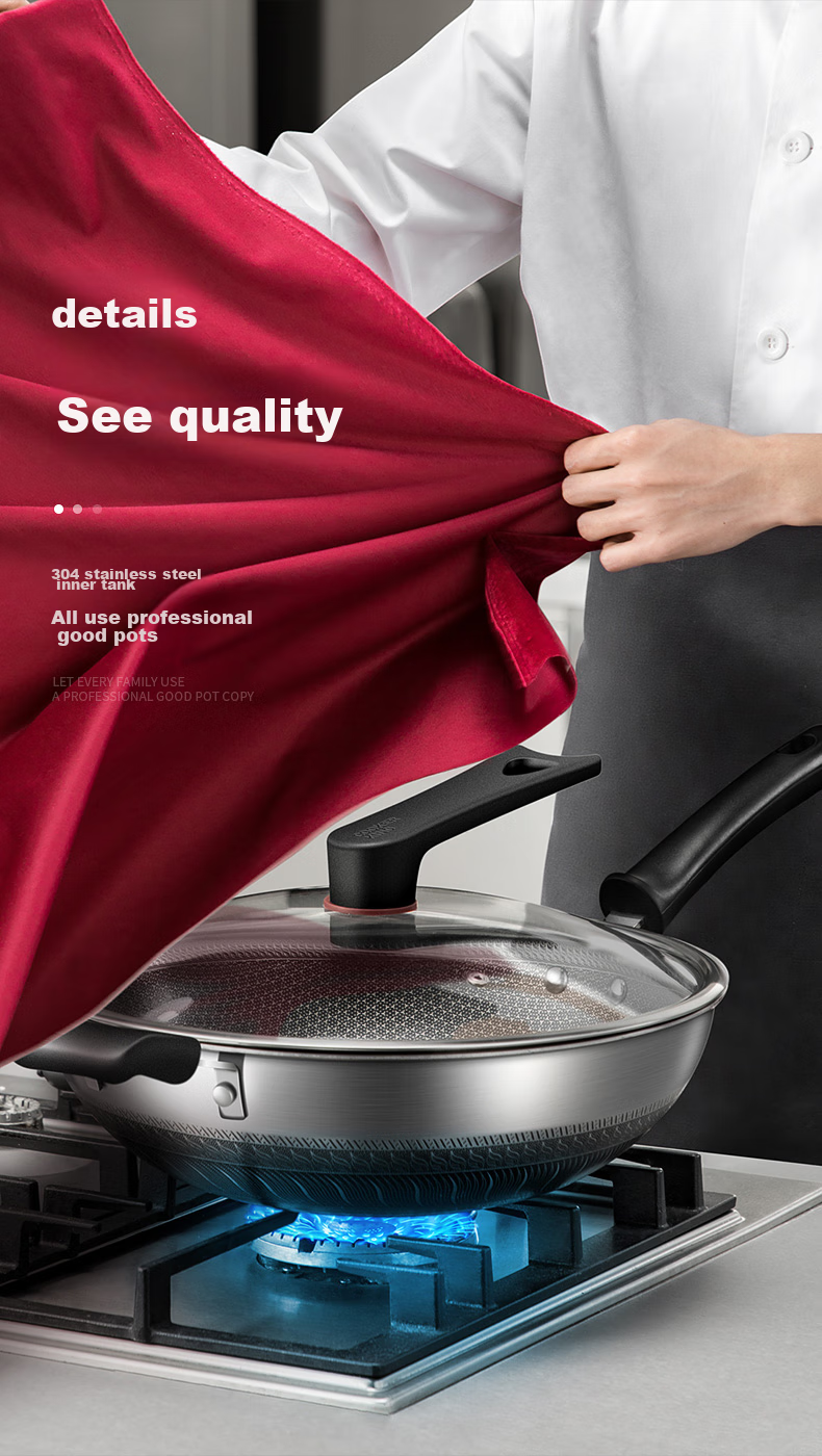 COOKER KING Wok, 316 Stainless Steel Frying Pan, Double-Sided Honeycomb Pattern Non-Stick Pan, 32cm, Can Be Used on Gas Or Induction Stoves, with Visible Lid And Stand 2