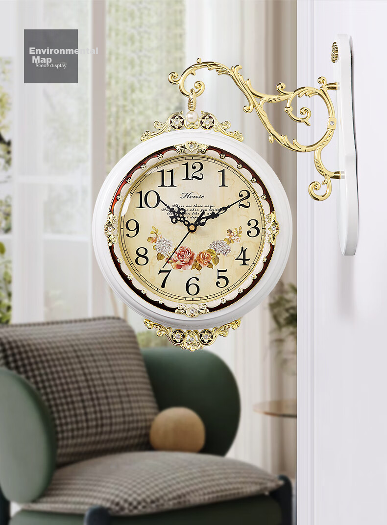 Hense Double-Sided Wall Clock, Living Room Wall-Mounted Clock, Creative Light Luxury Decorative Wall Clock, Quartz Clock HDS01 White 42cm 2