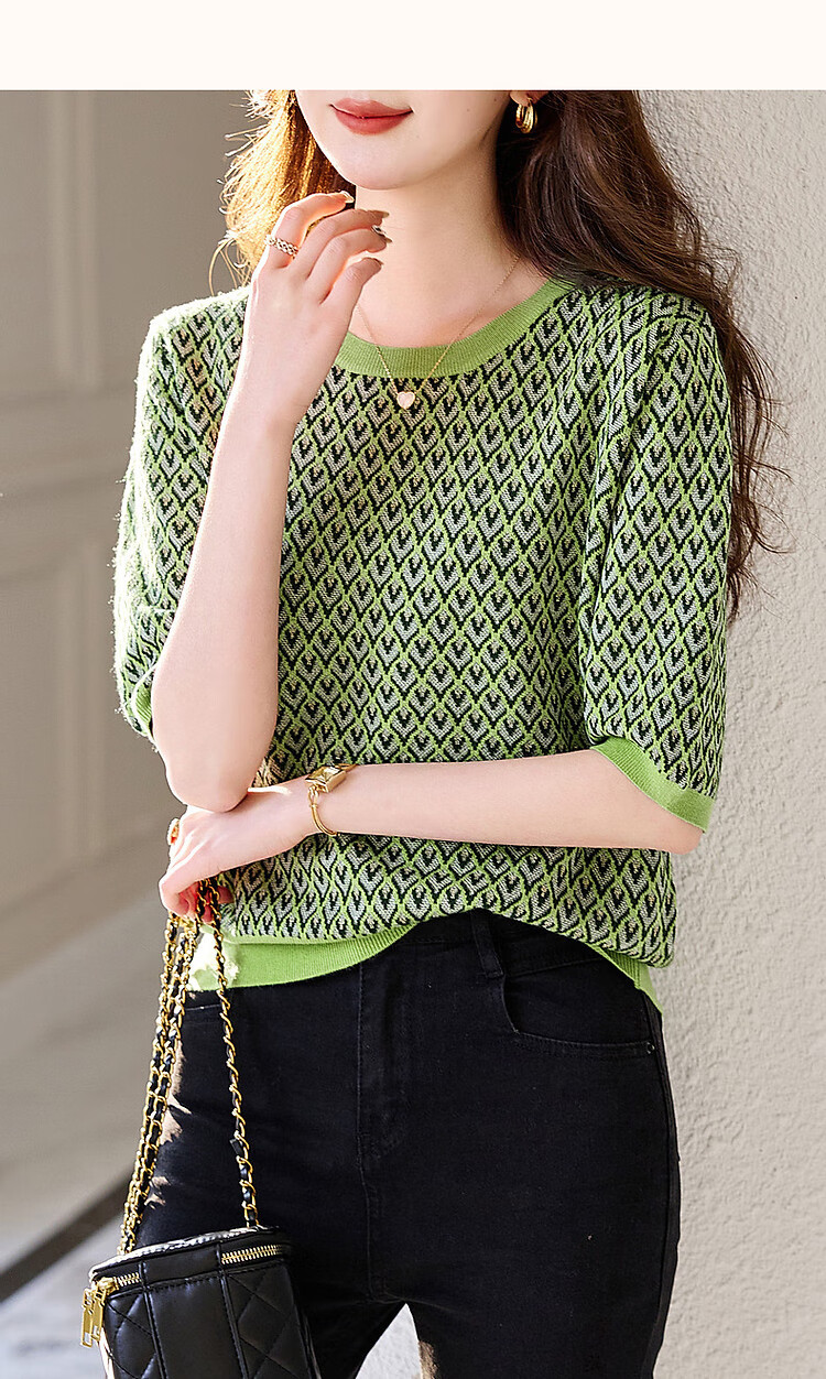 Dme [Dopamine Outfit] Summer New Girly Round Neck Diamond Pattern Knit Sweater, Golden Thread Jacquard Knitted Top for Wome 16