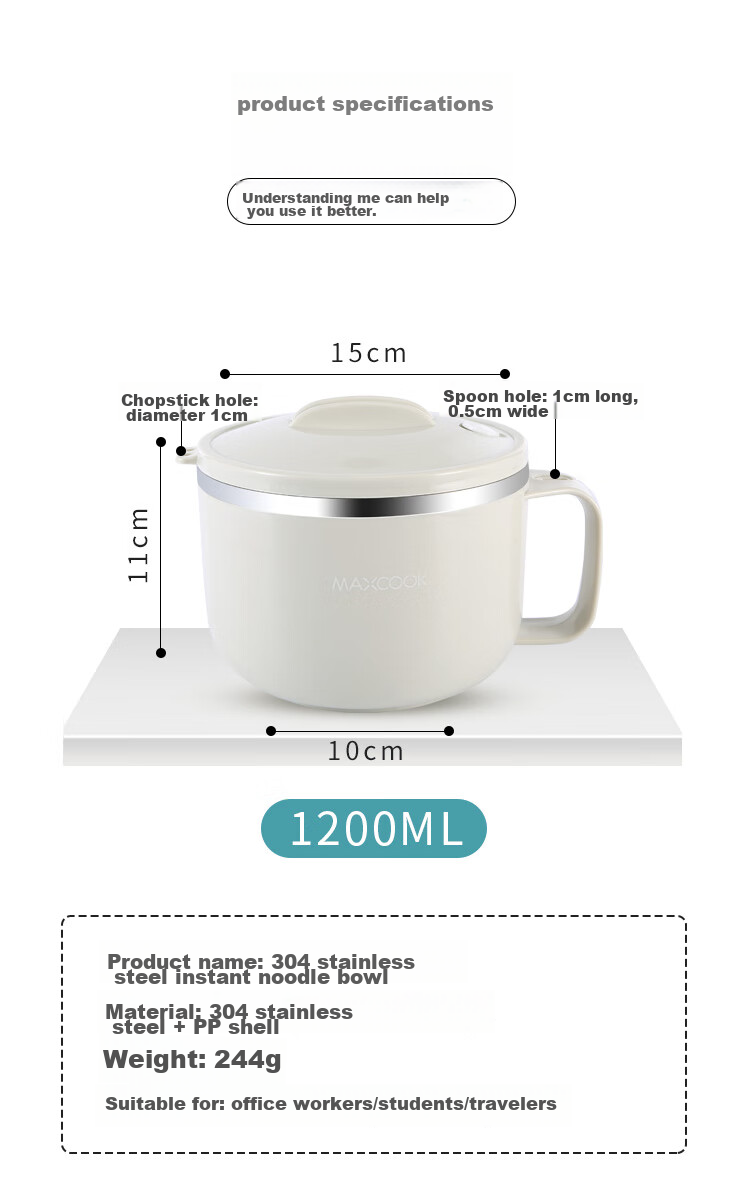 MAXCOOK 304 Stainless Steel Ramen Bowl, Student Lunch Box, Meal Cup, Noodle Cup 1200ML, Avocado Green MCFT0087 10