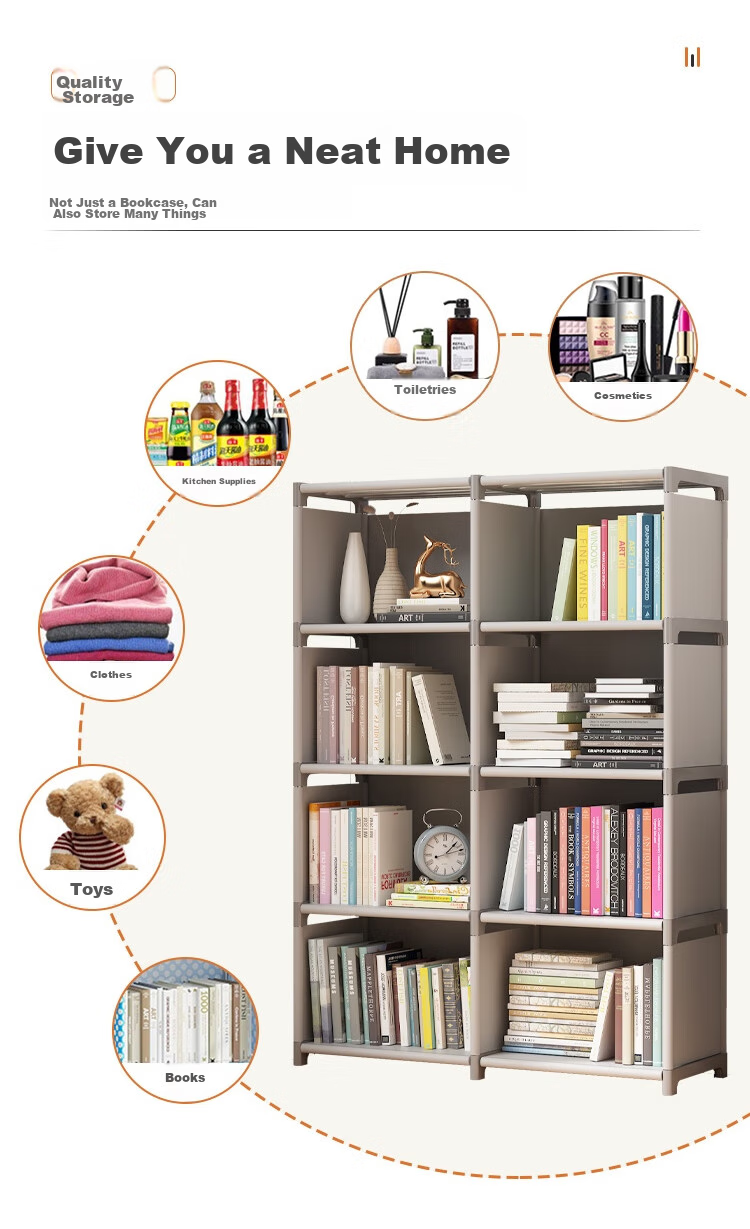 Anerya Simple Bookshelf Floor-Standing Side Table Storage Rack Large Capacity Bookcase with Double Rows of 8 Shelves, Silver Gray Color 2