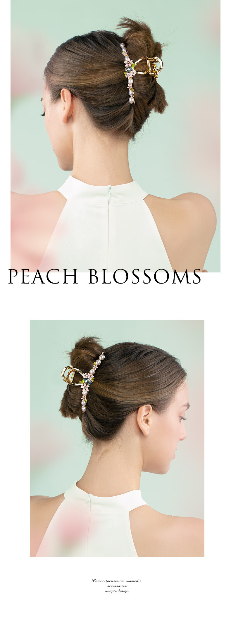 Cercoo Peach Blossom Romantic Large Hair Claw, Luxurious Shark Clip, Fresh Pearl Hair Claw, Back of Head Hair Accessory 4