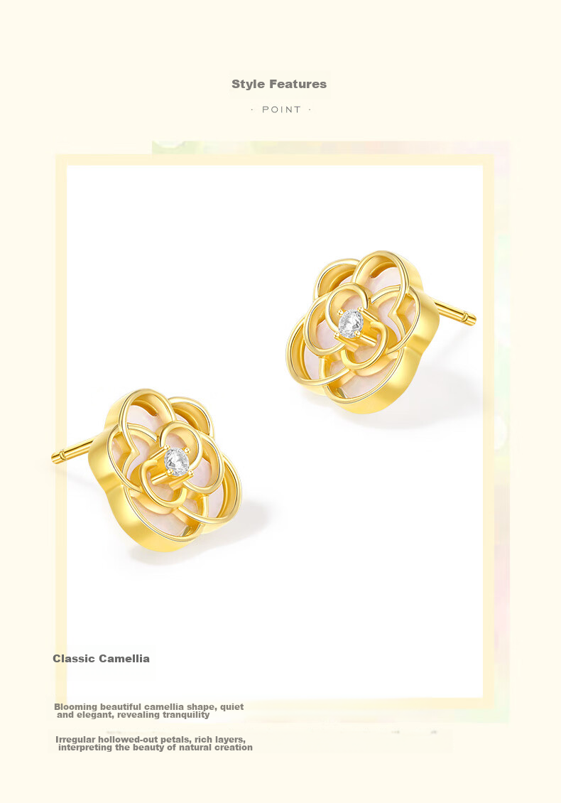 CHOW TAI SENG [Birthday Gift] Camellia Mother-Of Stud Earrings for Women, Elegant Niche Design Silver Earrings for Girlfriend 4