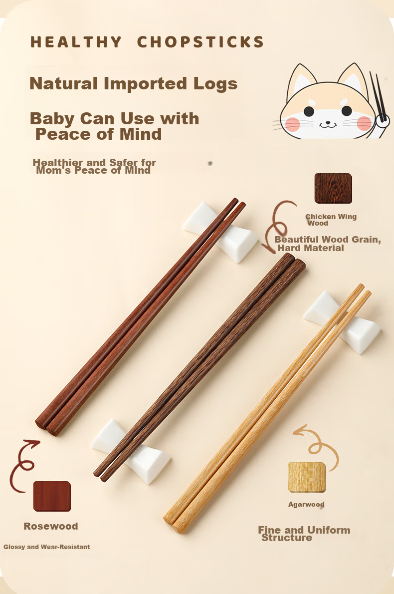 Tangzongkuai Children's Chopsticks Set of 6 Pairs, Training Chopsticks for Toddlers And Kids 3-12 Years Old, Unvarnished Wooden Tableware Set 4