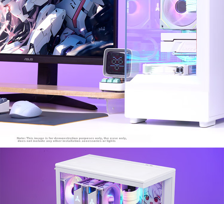 Aigo Starry Sky White ATX Gaming Desktop Computer Case with Dual 360mm Water Cooling Support, 9.6-Inch HD Screen, 270° Panoramic View, And 5090 Graphics Card 7