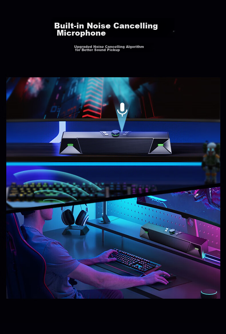 Newmine V6 Home Computer Speakers, Gaming Stereo Surround Sound System with Microphone, Bluetooth 5.3, Desktop Laptop RGB Gaming Headset Set, Black PS5 3