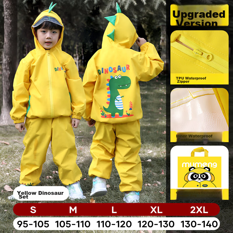 Moremerry Children's Raincoat Two-Piece Set for Boys And Girls, Kindergarten Waterproof Rain Pants, Baby Rain Poncho, Yellow Dinosaur Set, XL