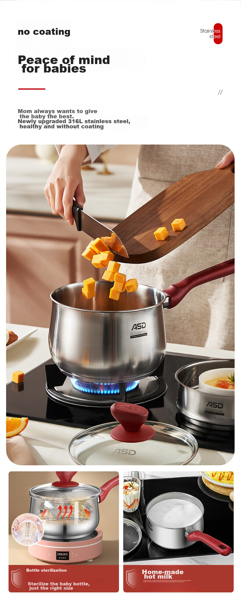 ASD Milk Pot, 316L Stainless Steel, 18CM Thickened Baby Food Pot, Compatible with Gas And Induction Stoves, NS18B5WG 10