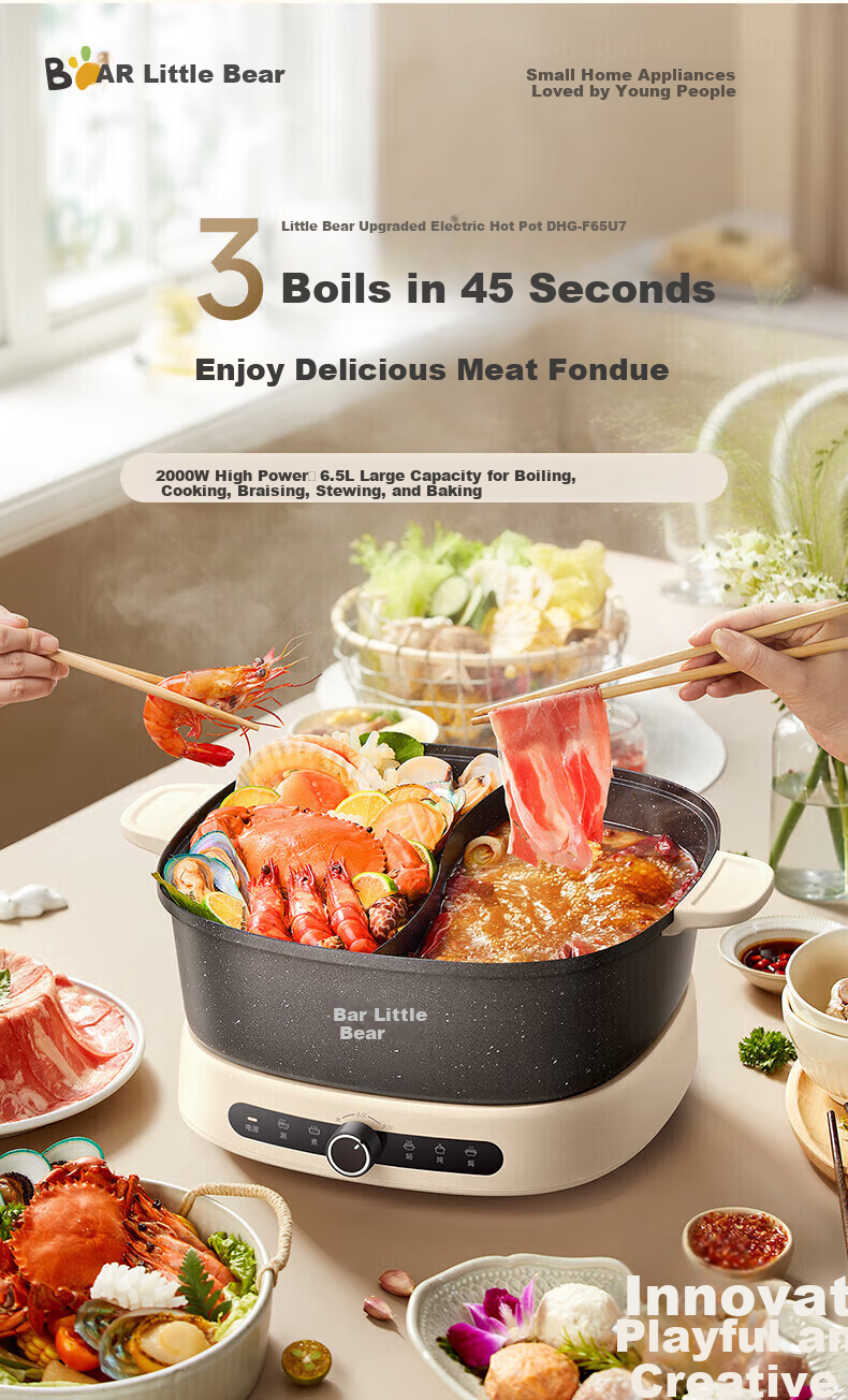 Bear Electric Hot Pot with Temperature Control Zones, Dual-Sided Hot Pot for Hotpot, Stackable Multi-Functional Pot for Home Use with Foldable Design And Storage, 50 Seconds Rapid Boiling DHG-F60N7 2