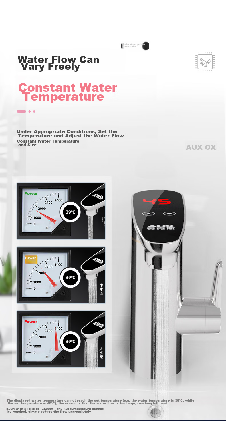 AUX Electric Water Heater Faucet, Bathroom Sink Hot And Cold Dual-Use Smart Digital Display Fast Heating Kitchen Treasure Instant Electric Water Heater, Bottom Water Inlet WT1X3 Stainless Steel Body 7