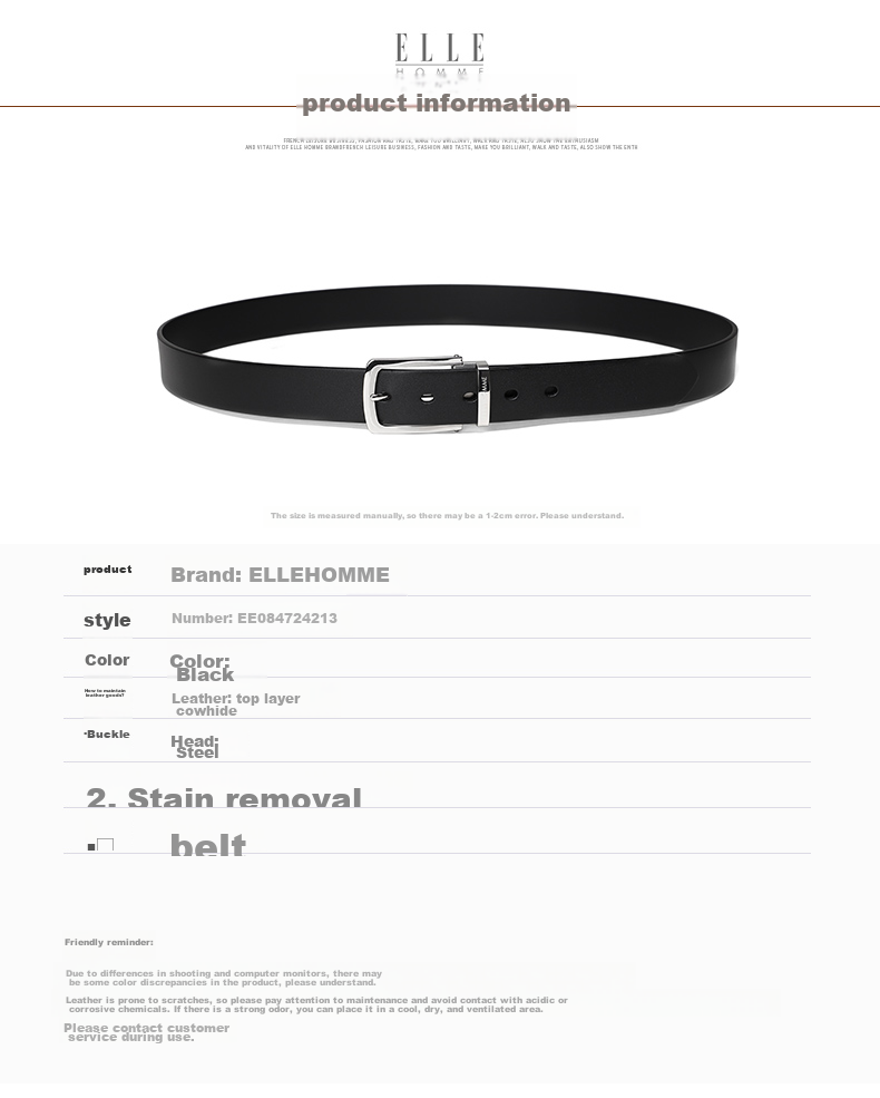 ELLE HOMME Men's Business Leather Belt, Top-Grain Cowhide Pin Buckle Waistband, Stainless Steel Buckle Trouser Belt, Birthday Gift for Me 8