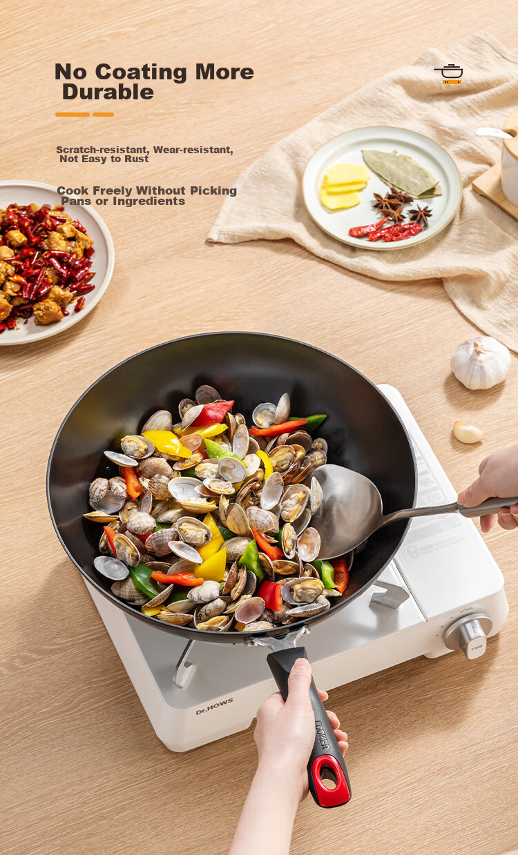 COOKER KING Cast Iron Wok, Flat Bottom Frying Pan, 32cm, Nitrided Anti-Rust, Suitable for All Stoves, Jianjing DJ32ZT-S 5