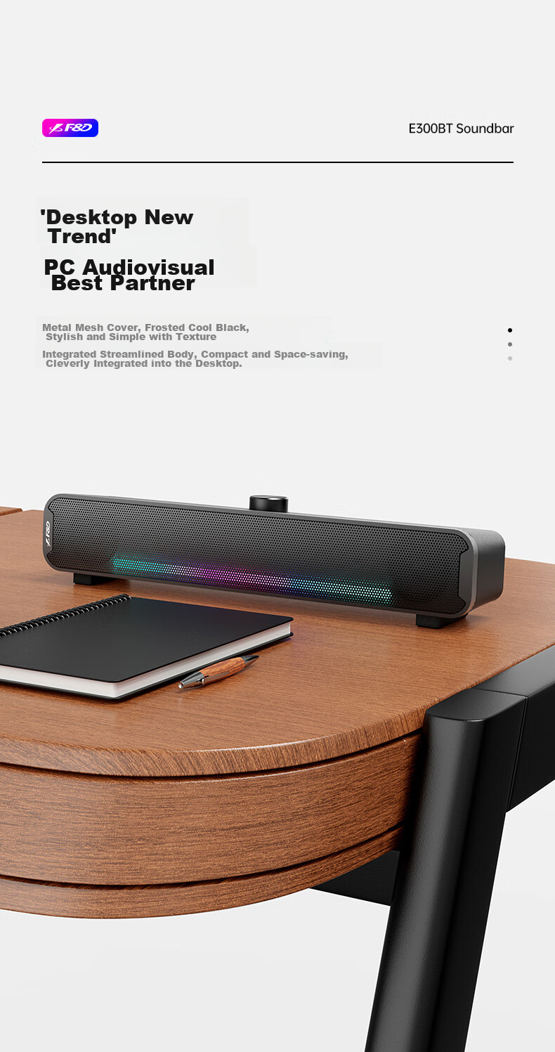 F&D E300BT Desktop PS5 Gaming Speakers, Bluetooth/Wired Dual-Use, Stereo Sound, RGB Colorful Lighting, Desktop And Laptop Long Bar Speaker 3