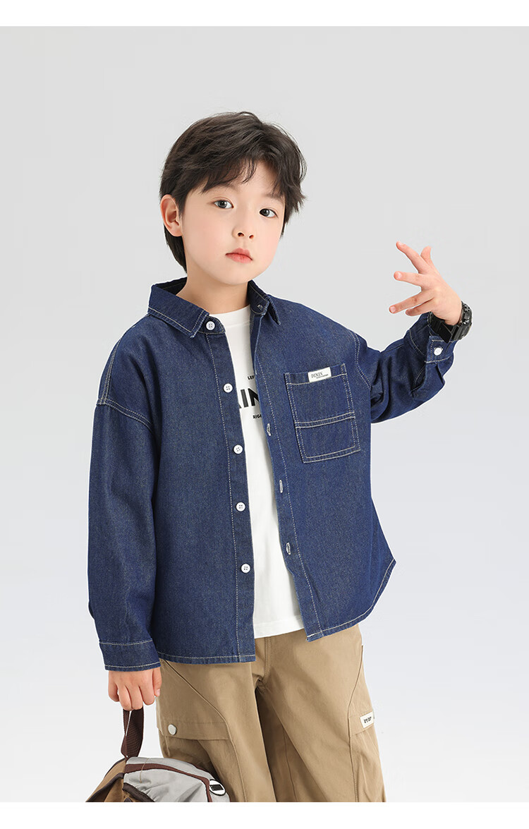 Zuo Xi Boys Denim Shirt Children's Jacket Long Sleeve 2025 New Spring Autumn Boys Shirt Dark Denim 160 10