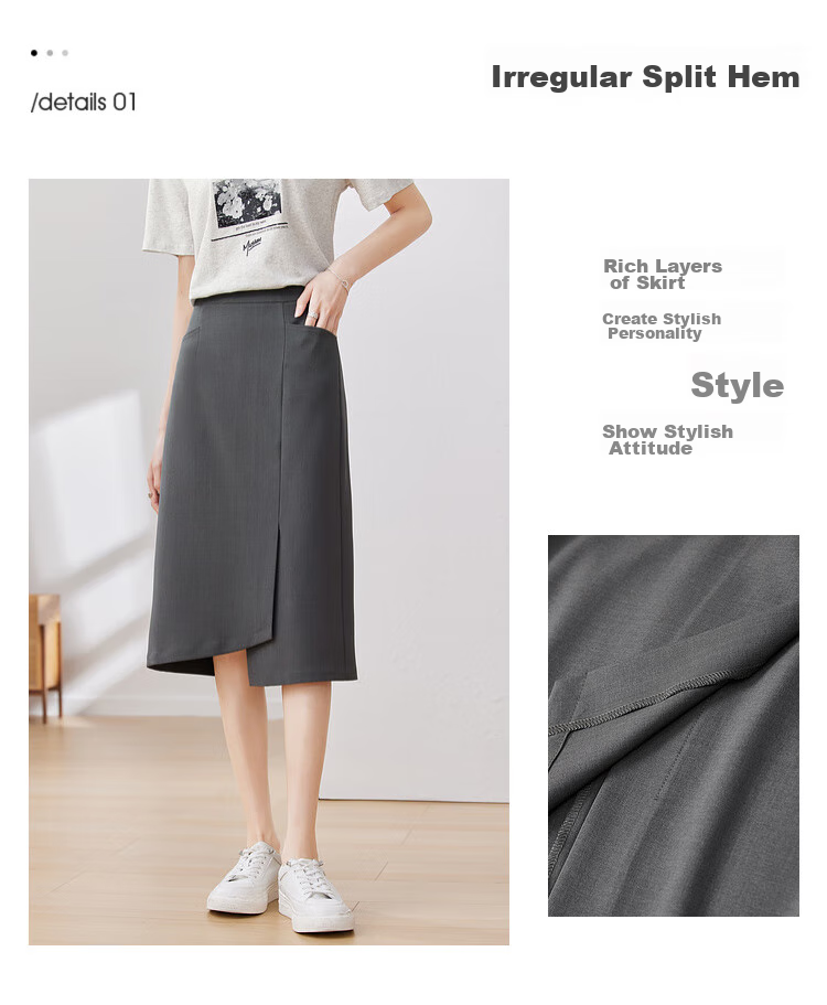 Sentubila Stylish Asymmetric Slit Midi Skirt, Urban Commuter Irregular High-Waisted Pencil Skirt, Gray, S 5