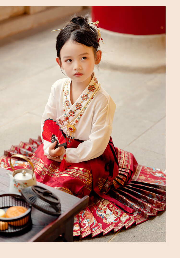 Menghu Nihang Mid-Autumn Festival Hanfu Girls' Spring And Autumn Chinese Style Children's Ming Dynasty Horse-Face Skirt Parent-Child Set, Red Skirt, Size 120 14
