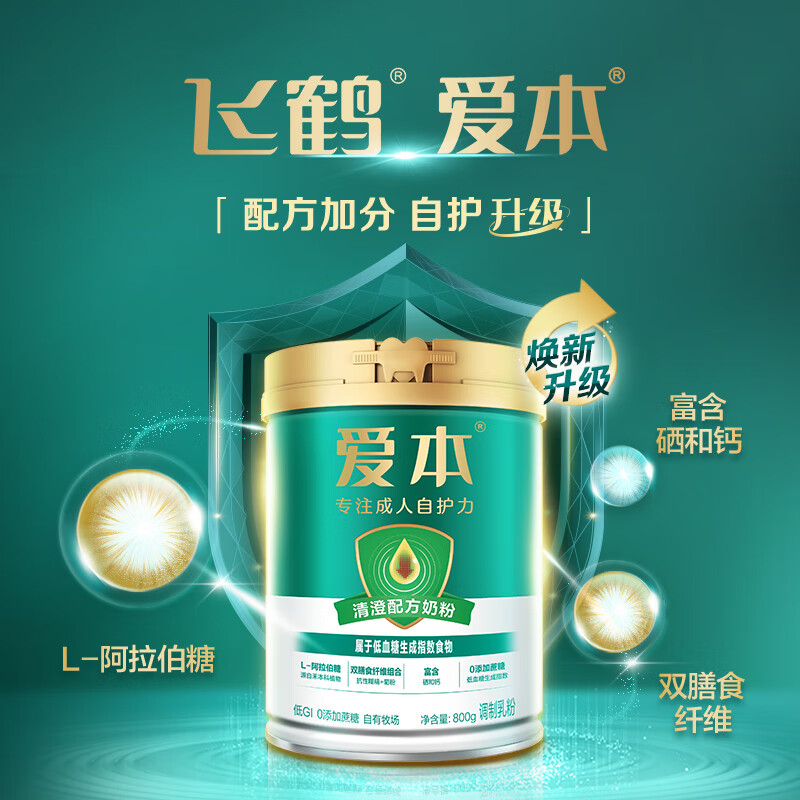 飞鹤1962爱本清澄牛奶粉800g 低GI中老年维生素成人奶粉送父母