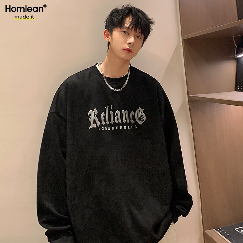 Homlean American-Style Suede Sweatshirt for Men, Autumn Casual Loose Round Neck Long-Sleeve Top, High Street Style HM01 Black M